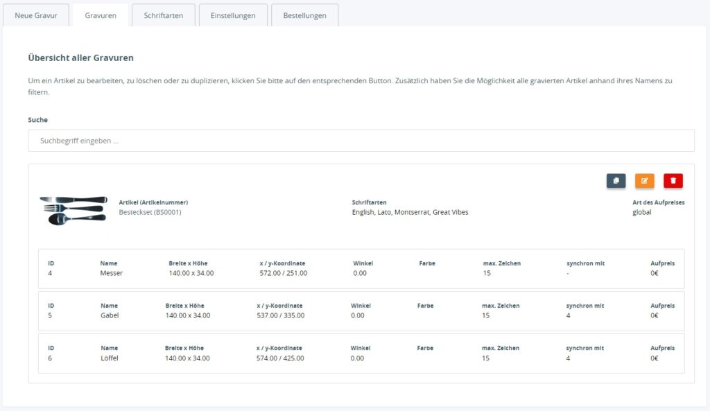 Überischt erstellter Gravuren