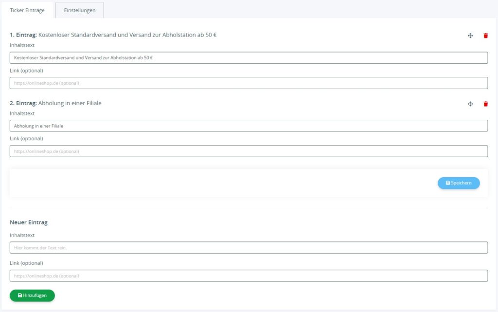 Einträge im Plugin Backend