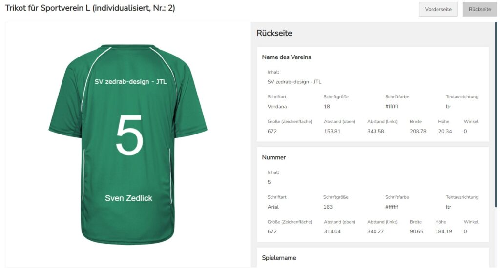 Details einer Bestellung mit Texten