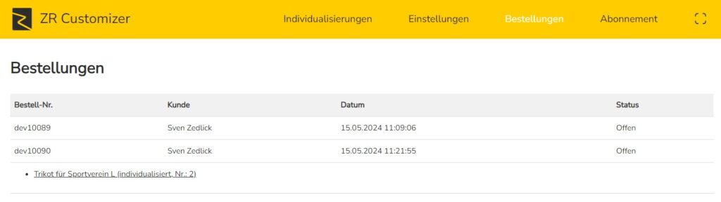 Übersicht der Bestellungen