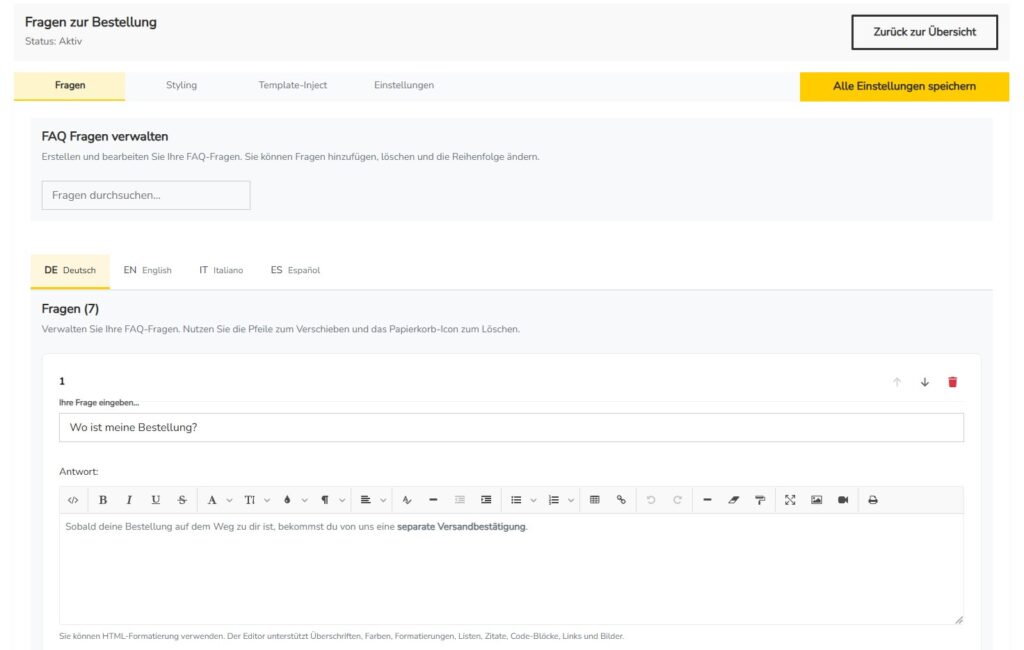 FAQ bearbeiten - Fragen und Antworten hinzufügen