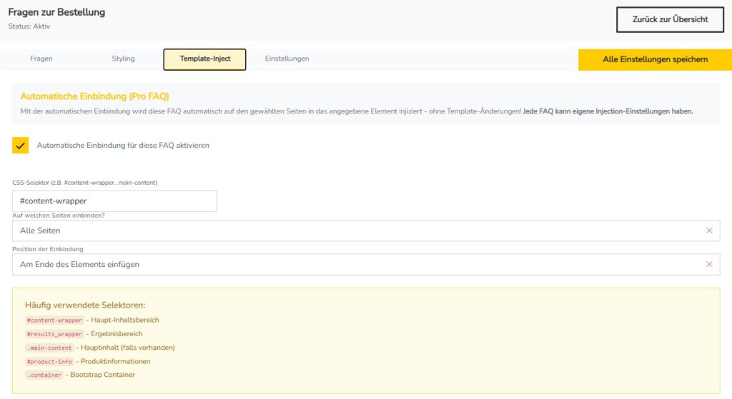 FAQ bearbeiten - FAQ automatisch einbinden