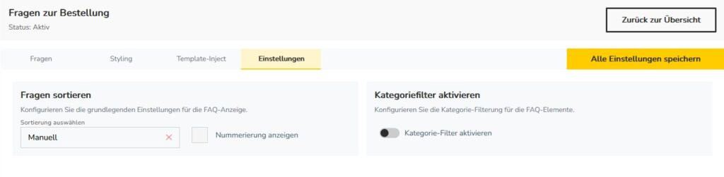Einstellungen zu Sortierung und Filter
