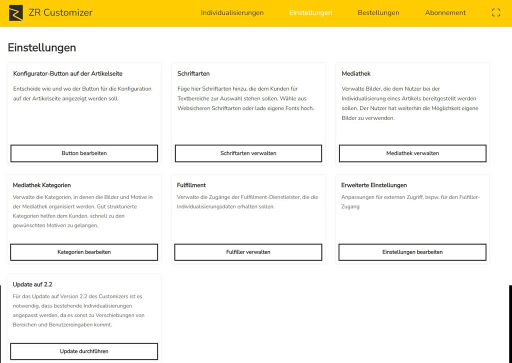 ZR Product Customizer Einstellungen Übersicht
