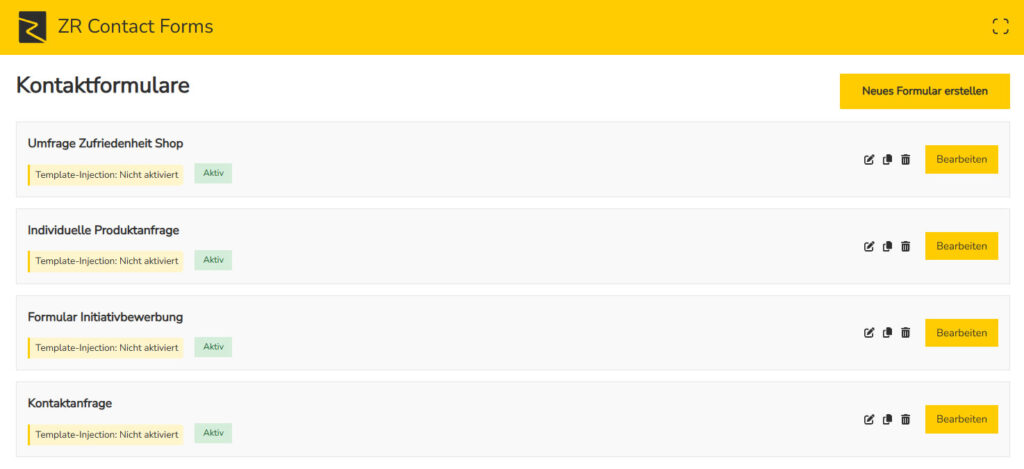 Liste Kontaktformulare und Kontaktformular erstellen