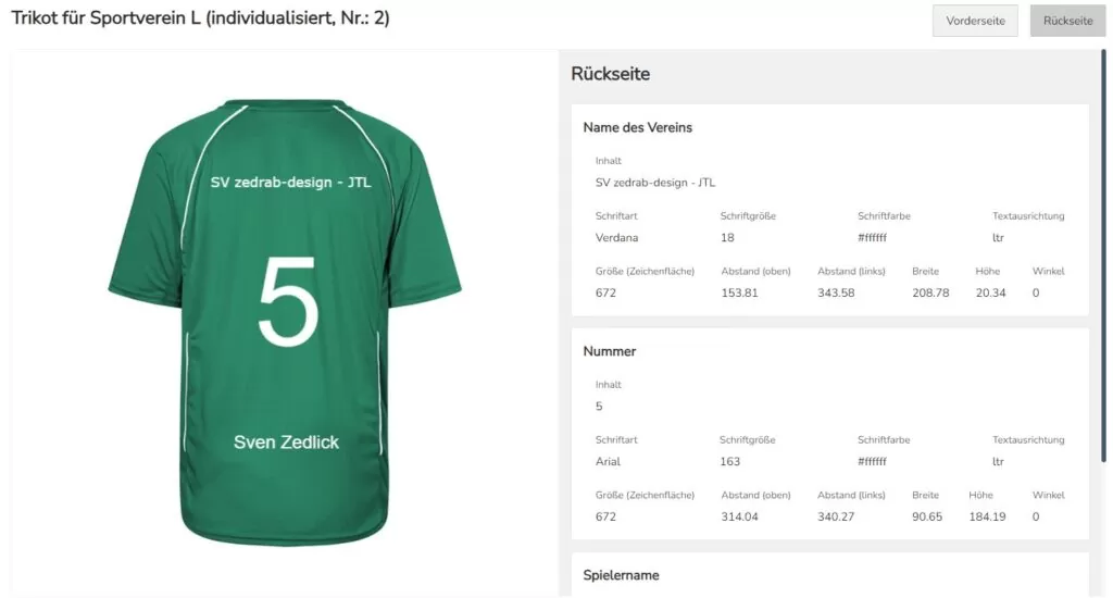 Details einer Bestellung mit Texten