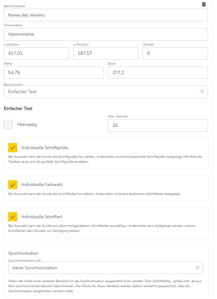 Individuelle Textoptionen aktiviert
