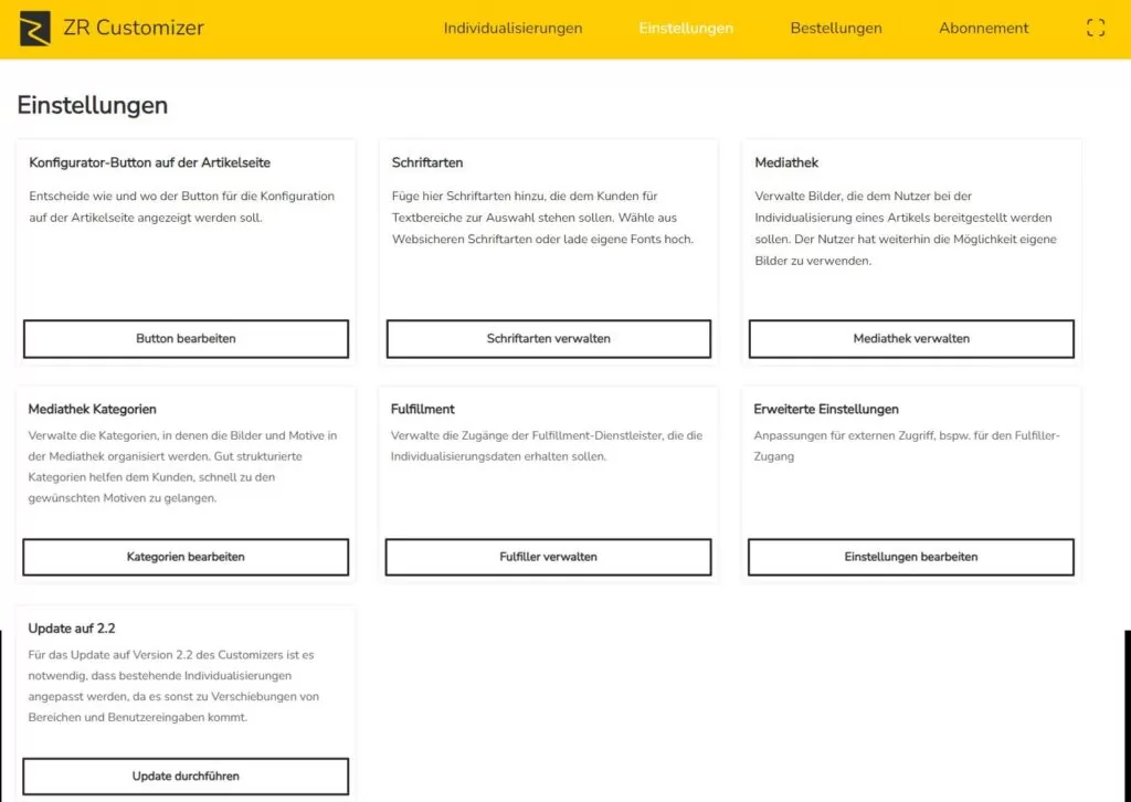 ZR Product Customizer Einstellungen Übersicht